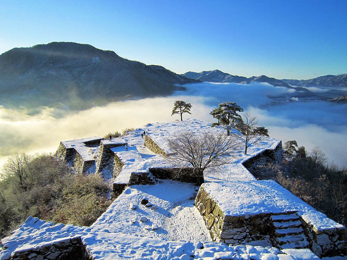 積雪覆蓋的竹田城跡曲輪與石垣,幾株松樹立在雪地上,數名遊客在遠處走動,谷地方向有一層雲海,天空湛藍