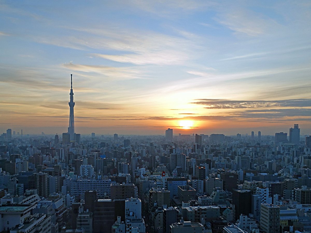 從高處俯瞰的東京日出,太陽貼著地平線的樓群升起,左側是逆光中的晴空塔剪影