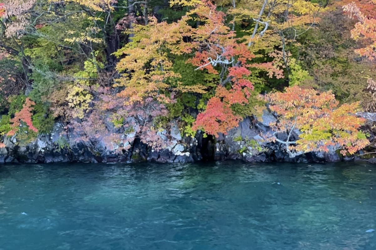 十和田湖遊船從子之口往休屋方向行駛，環湖紅葉與火口湖深藍色水面相映