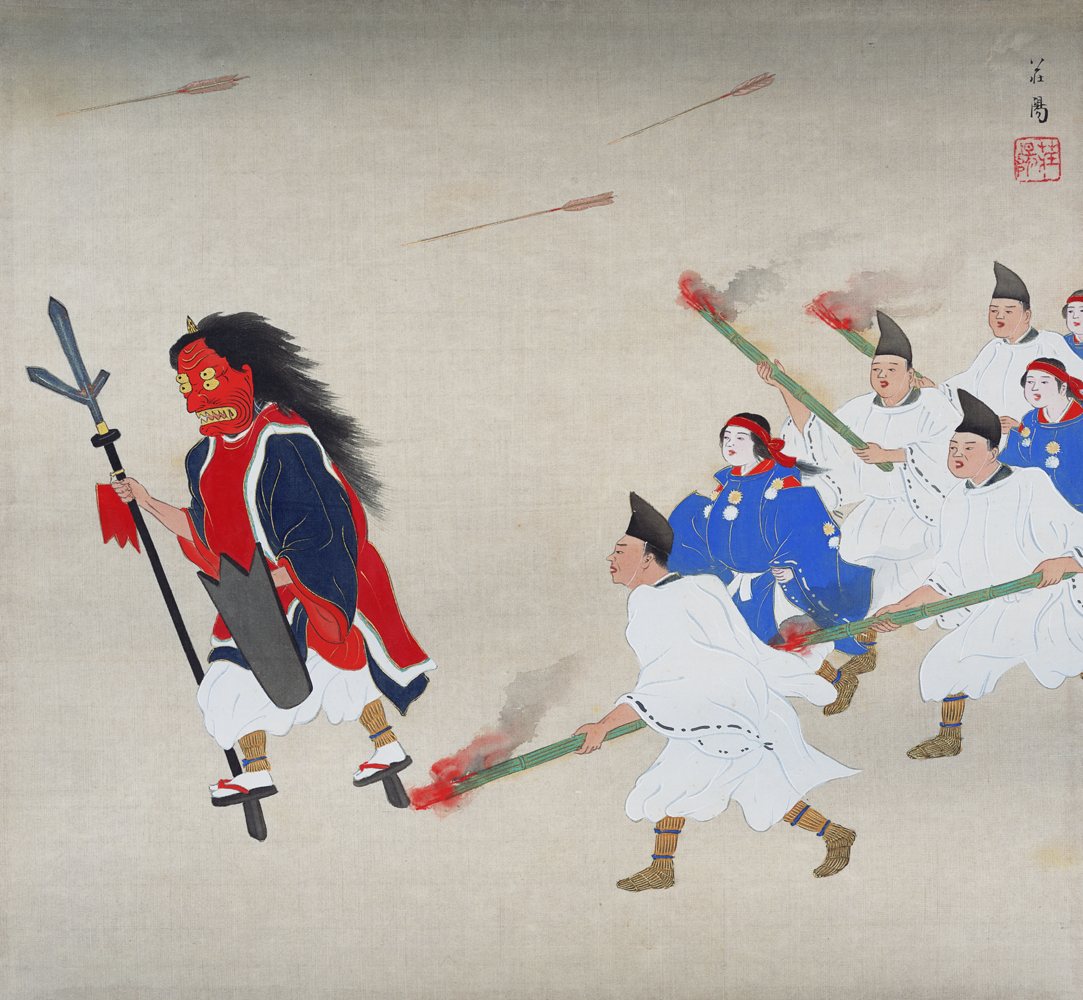 1928 年描繪京都吉田神社追儺式的圖版,手持戈與盾的方相氏走在最前,後方是持火炬的隨從與穿藍衣的侲子