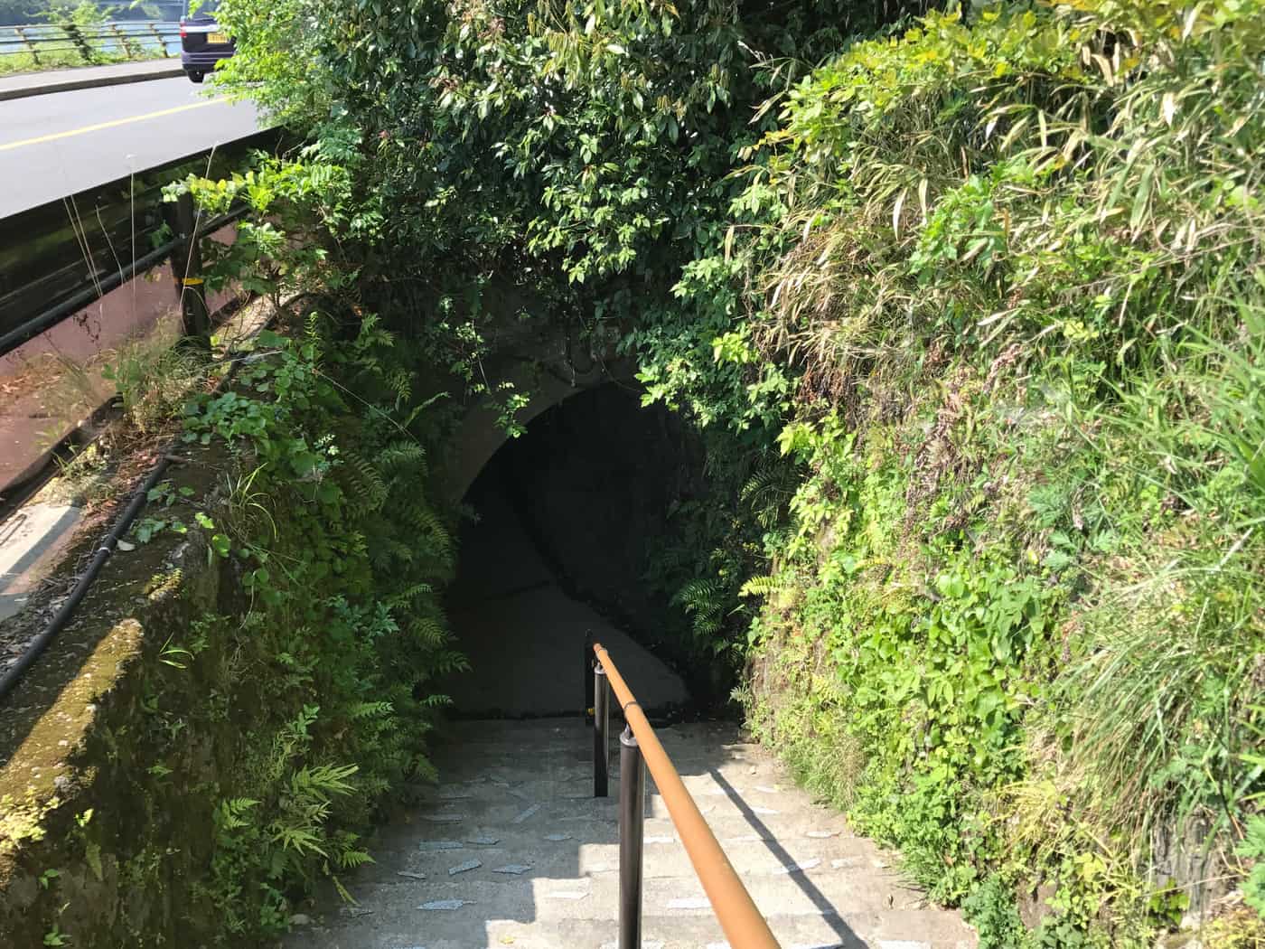 青の洞門手掘隧道入口,岩壁上留有鑿痕的洞口
