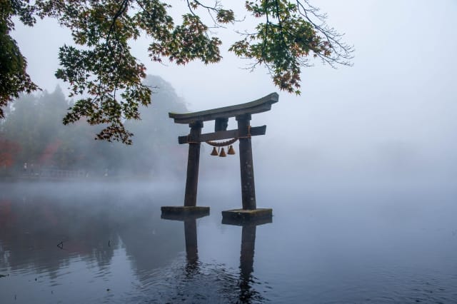 由布院金鱗湖:清晨水面湯霧瀰漫,背景是由布岳