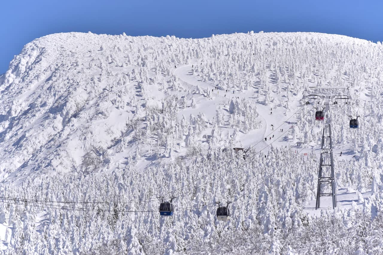 蔵王温泉スキー場一帶的雪景與纜車設施,遠處可見滑雪道與纜索